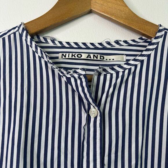 Niko And… Striped Button Down Shirt Women’s Long‎ Sleeve Artsy Cotton Navy Japan - Picture 7 of 16